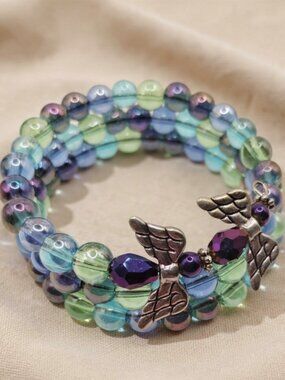 Fairycore Angel Wing Wrap Bracelet – Iridescent Glass Beads, Y2K Witchy Charm